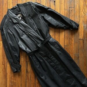 Vtg 80s Pelle Cuir Black Leather Double Breasted Trench Coat Full Belted Women L